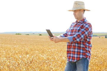 Farmer in straw hat uses his tablet pc at ready for harvest wheat field