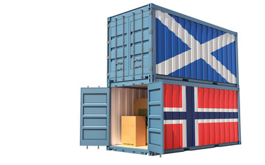 Two freight container with Scotland and Norway flag. Isolated on white - 3D Rendering