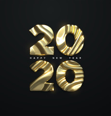 Happy New 2020 Year. Vector 3d illustration. Holiday event sign. Golden metal characters 2020 with wavy sculpted pattern. Festive banner or poster design