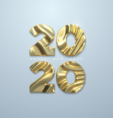 Happy New 2020 Year. Vector 3d illustration. Holiday NYE event sign. Golden metal characters 2020 with wavy sculpted pattern isolated on white. Festive banner or poster design