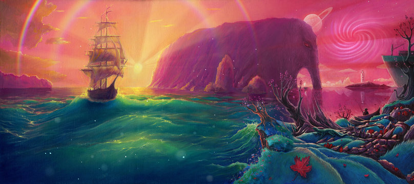 Fantasy Oil painting sunset sea landscape with ship, sun light beams and planets, seascape by oil on canvas, hand drawn illustration with watercolor colors