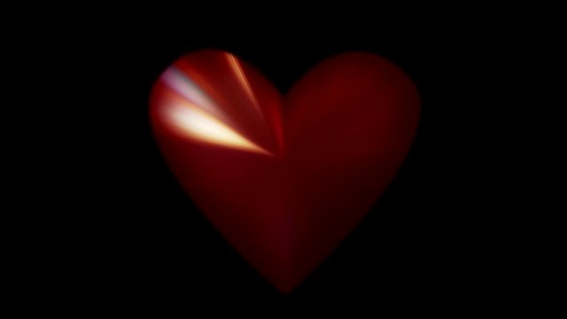 Red sparkling heart. Valentine day. Iridescent rays motion on black background.