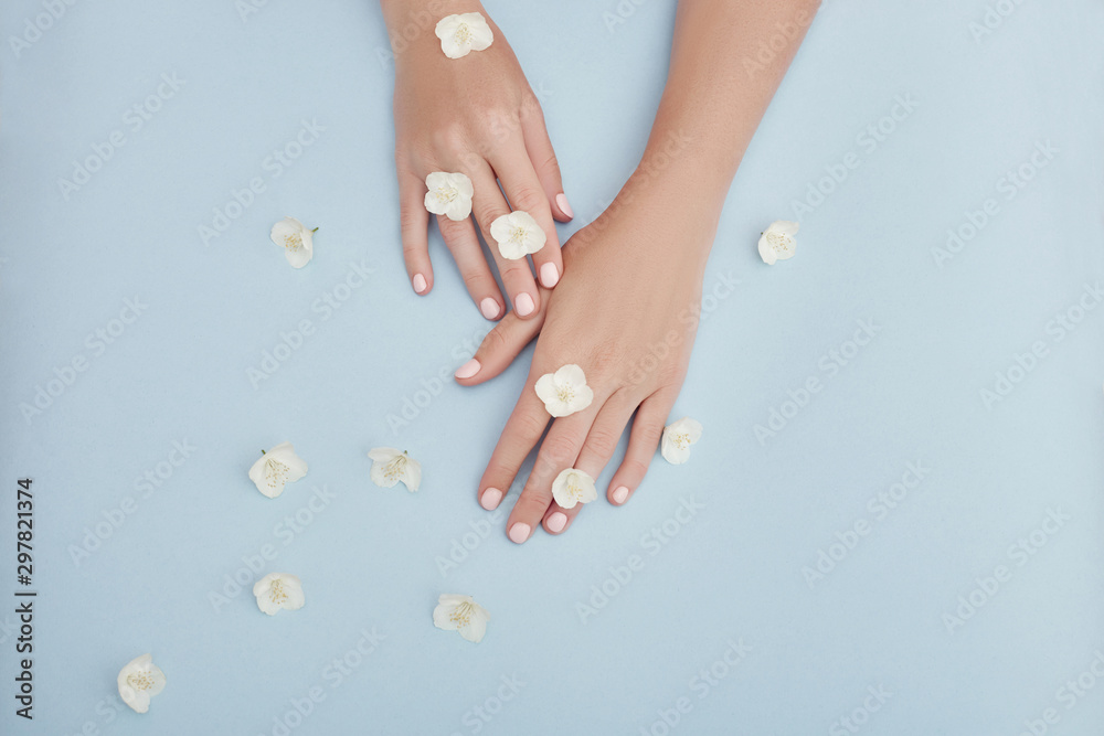 Wall mural Beauty Hand of a woman with white apple flowers lies on table, blue paper background. Natural cosmetics product and hand care, moisturizing and wrinkle reduction, skincare