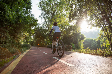 Woman cycling on bike path at park in sunny day - obrazy, fototapety, plakaty