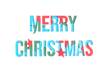Holiday card Merry Christmas, made of paper cutting and different texture on the white background. Collection of font for your unique decoration in winter concept