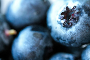 Background with fresh blueberries closeup. Blueberry macro photography. Organic berries of bright blue color. Template for banner, menu, food label, organic shop. Healthy eating. Blurred background