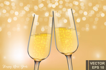 Realistic glass of champagne. Happy New Year and Merry Christmas. For your design.