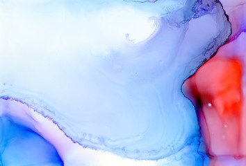 Abstract illustration in alcohol ink technique. Blue, red and cyan marble texture. Wash drawing effect wallpaper. Modern illustration for card design, creative banners and ethereal graphic design. - 297822786