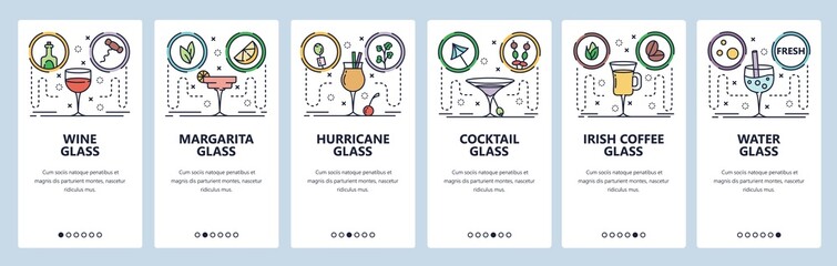 Mobile app onboarding screens. Different drink glasses for wine, cocktail, coffee, water. Menu vector banner template for website and mobile development. Web site design flat illustration