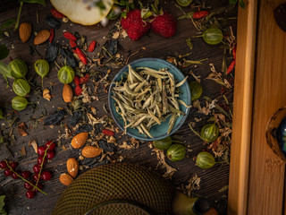Preparation of the tea ceremony, tea in the bowl. Handmade cups