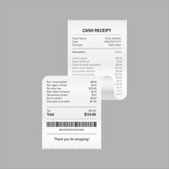 Receipts vector illustration of realistic payment paper bills for cash or credit card transaction. Vector stock illustration.