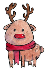 watercolor illustration of a beautiful Christmas brown deer with a red nose and a red scarf on a white background