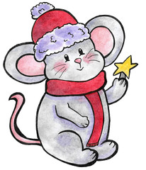 watercolor illustration of a beautiful Christmas gray mouse with a red hat and scarf with a yellow star on a white background