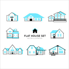 Fototapeta premium Set of vector cartoon houses in two colors - blue and black building exteriors for infographics, web and print.