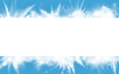 Fototapeta na wymiar Snow powder white explosion empty horizontal banner on blue background, ice or snowflakes splash clouds border for christmas and new year holidays promo, greeting card Realistic 3d vector illustration
