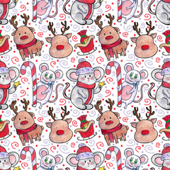 watercolor illustration of Seamless pattern of cute Christmas reindeer with red scarf, gray mouse with hat and scarf, and white with Lollipop on white background.image for posters, Wallpapers, banners