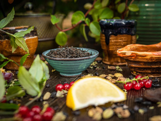 Preparation of the tea ceremony, tea in the bowl. Handmade cups