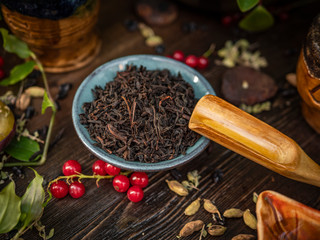 Preparation of the tea ceremony, tea in the bowl. Handmade cups
