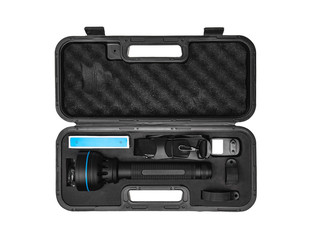 modern black metal flashlight isolated on white