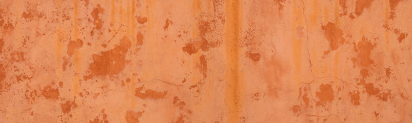 Abstract panorama image of Orange clay wall grunge texture background for interior decoration.