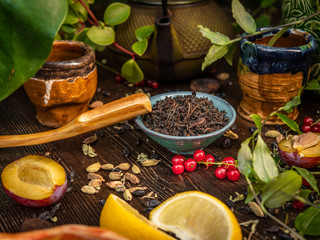 Preparation of the tea ceremony, tea in the bowl. Handmade cups