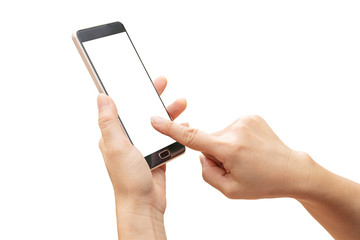 Business Communication Concept : Woman hand holding and touch white screen on old black smartphone isolated on white background.