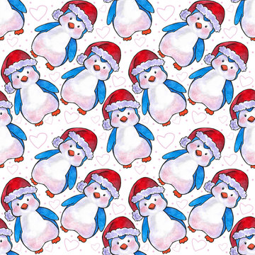 watercolor illustration Seamless pattern cute Christmas penguins with red hat with pink hearts on white background.image for posters, Wallpapers, banners, postcards