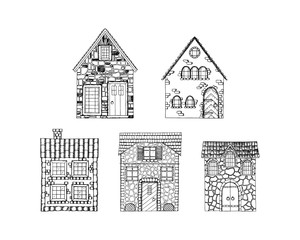 Set of hand drawn houses isolated on white background. Vector illustration.