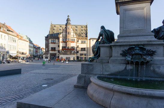 Town Hall and Market Square with fountain in Schweinfurt. Bavaria. Germany