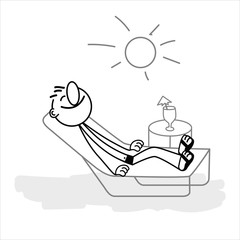 Doodle stick figure: Boy sunbathing. Vector.