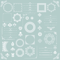Vintage set of vector horizontal, square and round elements. Different elements for backgrounds, frames and monograms. Classic white patterns. Set of vintage patterns