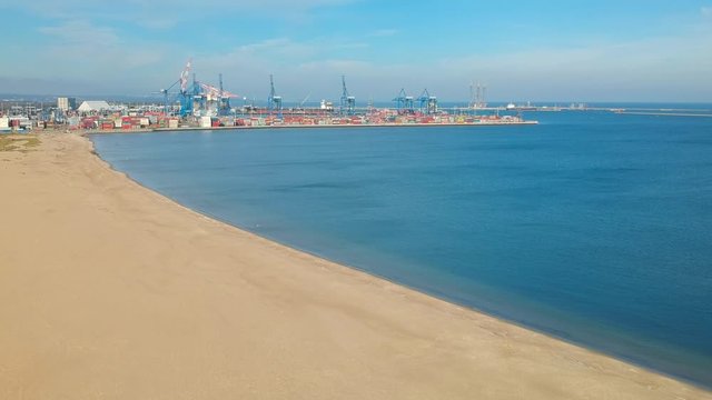 Aerial landscape of the beautiful beach with lifeguards house at Baltic Sea in Gdansk, Poland