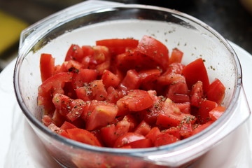 Delicious tomato salad made with fresh and organic tomatoes.