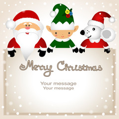 Fototapeta na wymiar Christmas card. Funny postcard with Christmas Elf, rat and Santa.