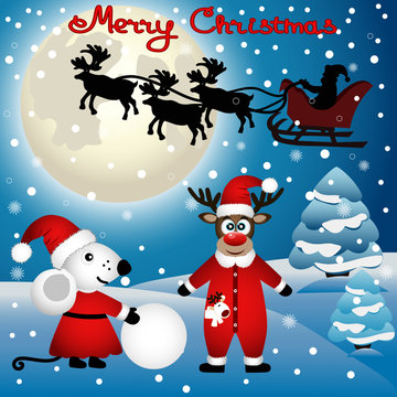 Christmas card. Funny postcard with Christmas mouse and Christmas reindeer.
