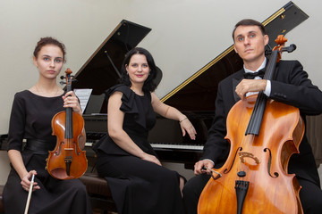 Family music trio. A young violinist and cellist play, the pianist accompanies them.