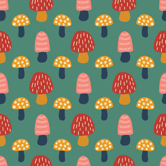 Materiał do szycia Doodle Mushroom seamless vector pattern. Modern background hand drawn mushroom nature illustration in pink red gold green. For kids fabric, fall decoration, Thanksgiving card, surface pattern design