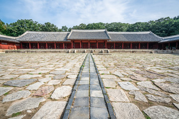 Jongmyo Shrine hall of eternal peace or Yeongnyeongjeon wide angle view in Seoul South Korea