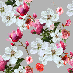 Fototapety  Akwarela malarstwo liści i kwiatów, wzór na szarym tle