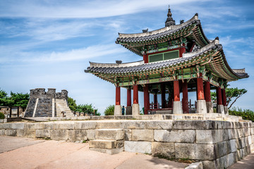 Suwon Hwaseong fortress western command post or Seojangdae and crossbow platform or Seonodae in South Korea