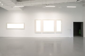 Museum of modern art.Empty Gallery interior space, white walls and grey floors