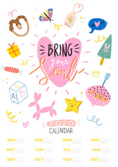 Happy Birthday wall calendar. 2020 Yearly Planner have all Months. Good Organizer and Schedule. Cute kids doodle illustration, Lettering with motivational and inspiration quotes. Vector background