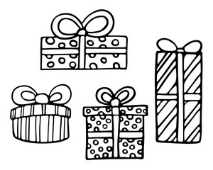 Vector hand drawn outline illustration of Christmas gift boxes set. Black contour doodle, line art. New Year and Christmas decoration. Coloring book design element. Poster, greeting card template