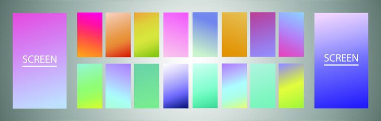 Obraz premium Vector EPS 10 Gradient Set. Different colors. Modern Smartphone screen, mobile app Template. Design for Wallpaper, background, banner, flyer, Social media post. 