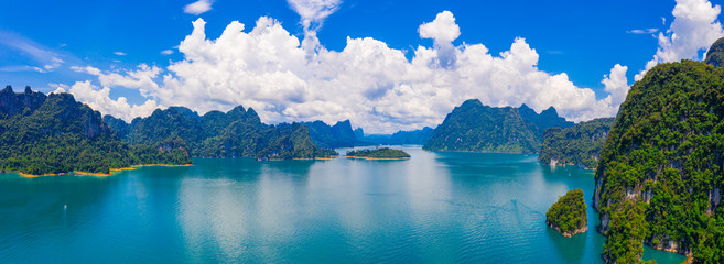 Panorama view of mountain and blue sky with cloud in Khao Sok National park locate in Ratchaprapha dam in Surat Thani province, Thailand.