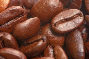 Coffee beans in close up view. Coffee background. Soft focus view.