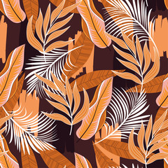 Abstract seamless tropical pattern with beautiful white and yellow plants and leaves on brown background.  Beautiful print with hand drawn exotic plants. Beautiful exotic plants. 