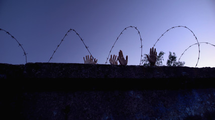 Children and adult hands behind barbed wire, forced settlements, refugee camp