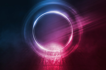 Empty background scene. Dark street reflection on wet asphalt. Rays of neon light in the dark, neon shapes, smoke. Background of an empty stage show. Abstract dark background.