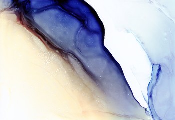 Abstract illustration in alcohol ink technique. Midnight blue and khaki spotted marble texture. Wash drawing effect wallpaper. Modern illustration for card design, banners and ethereal graphic design.